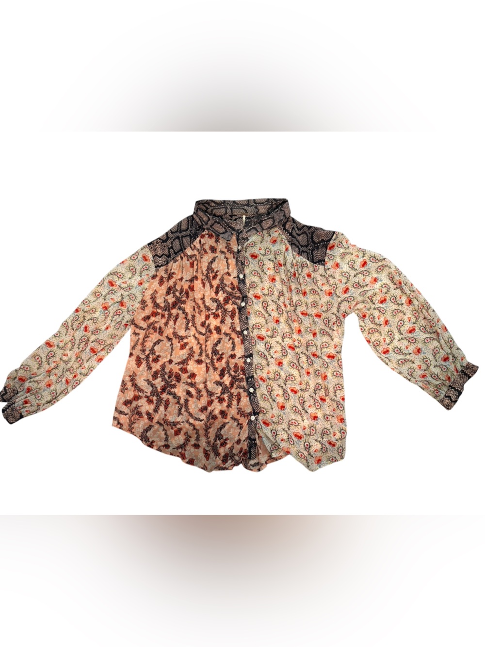 Free People Semi-Sheer Button Down Floral Snake Skin Blouse Boho - Picture 3 of 4